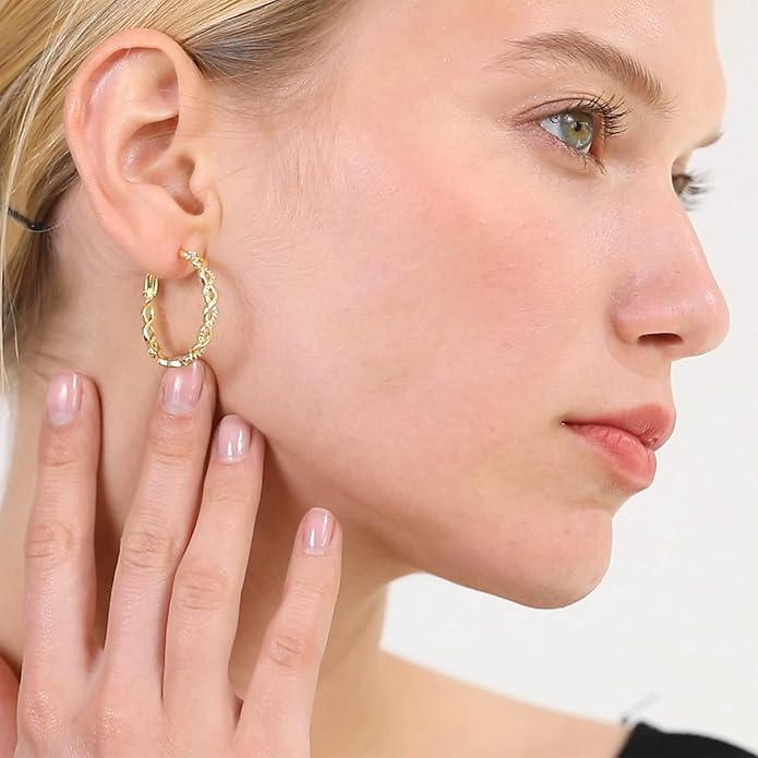 Senteria 925 Sterling Silver Earrings Hoops for Women Lightweight Twisted Hoop Earrings With Cubic Zirconia Hypoallergenic Hoops Earrings (20/30/40/50/60MM)