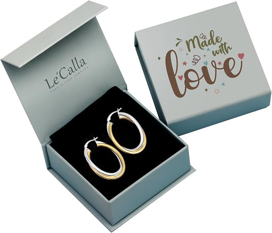 LeCalla 925 Sterling Silver Chunky Hoop Earrings | 14K Two-Tone Three-Tone Hoop Earrings | Intertwining Oval Shape Polished Twisted Hoop Earrings for Women