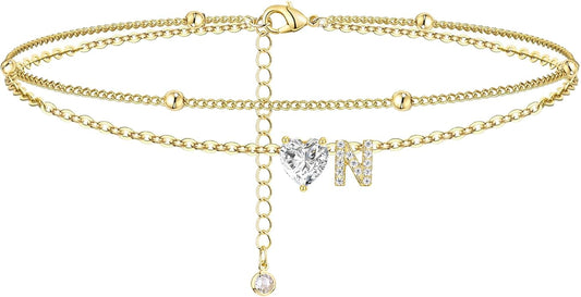 Ankle Bracelets for Women Waterproof 14K Gold Plated CZ Initial Anklet for Women Dainty Layered Letter Heart Ankle Bracelets Handmade Adjustable Foot Chain Anklet Summer Beach Jewelry
