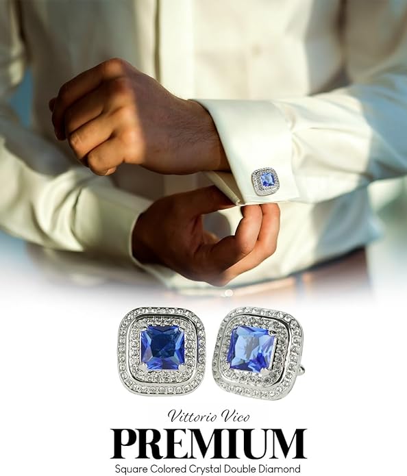 Vittorio Vico Square Colored Crystal Double Diamond Set Cufflinks
