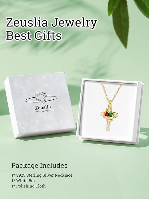 Zeuslia Double Birthstone Necklace Gifts for Wife - 925 Sterling Silver Sunflower/Rose/Crown Cross/Compass/Heart Pendant I Love You Necklace, Anniversary Birthday Gifts for Wife Girlfriend Mom Her