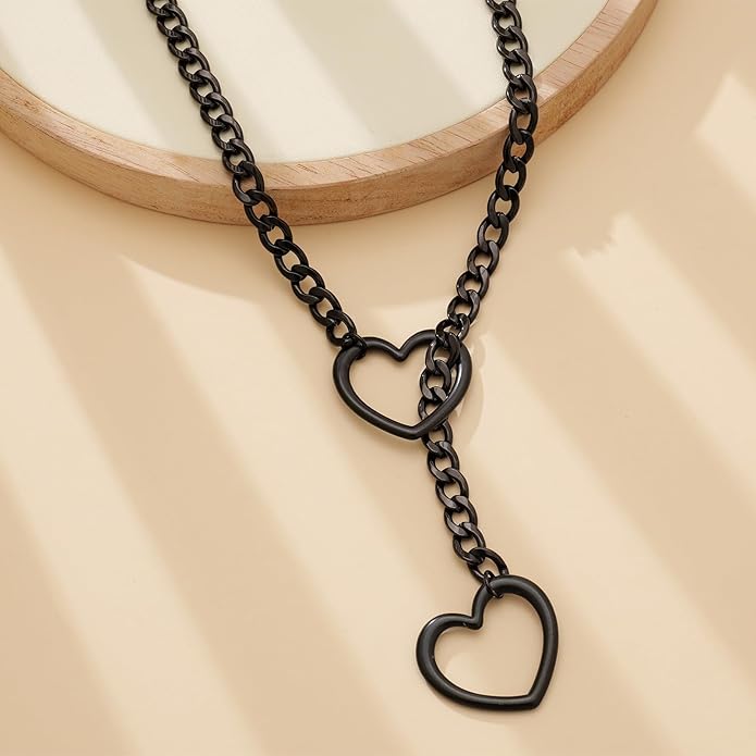 Heart Slip Chain Necklaces for Women,Stainless Steel O-Ring Adjustable Lariat Y-Necklace,Punk Gothic Cuban Collar Choker Necklace for women