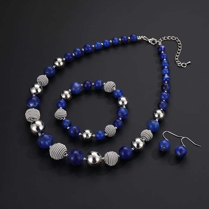 PEARL&CLUB Beaded Chunky Statement Necklace Earring and Bracelet Set Silver Metal Bead Fashion Jewelry Set Mothers’ Day Gifts for Women