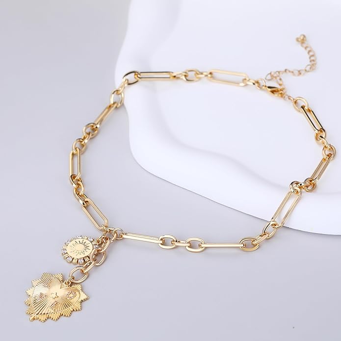 Chunky Gold Necklace for Women, 18K Waterproof Heart Necklace Statement Necklace Gold Charm Necklace Chunky Jewelry Paperclip Chain Choker Gift for Women