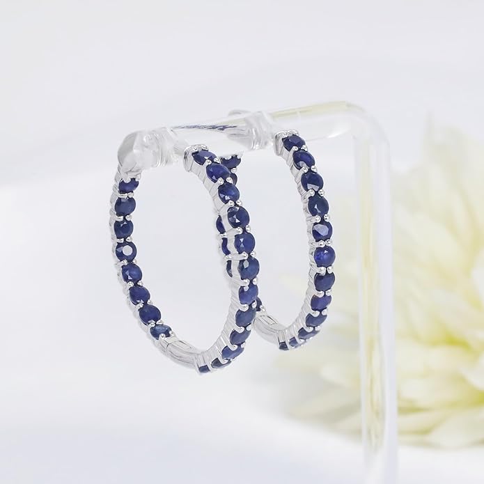 Hoop Earrings with 40 Colored Gemstones, Birthstone Earrings, 925 Sterling Silver Rhodium Plated, Push Back Closure, 1.18'