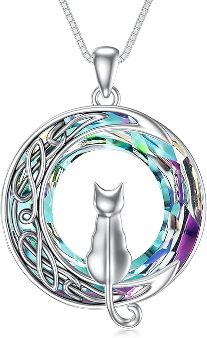 TOUPOP Christmas Cat Gifts for Cats Lovers One Two Three Four Cats Necklace Sterling Silver Cats on the Moon Pendant Necklace with Blue Circle Crystal Birthday Christmas Celtic Jewelry Gifts for Women