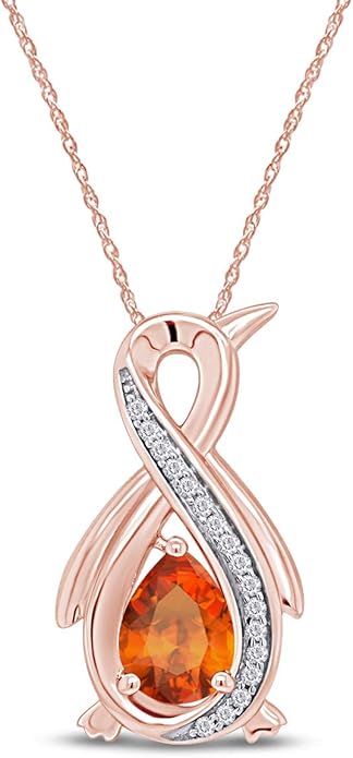 Infinity Penguin Pendant Necklace for Women, 14K Gold Over Sterling Silver with Pear & Round Cut Simulated Birthstone & White Diamond Accents, Dainty Animal Jewelry Gift with 18" Chain