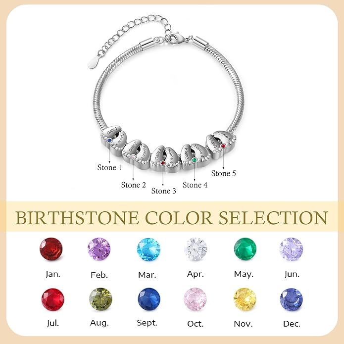 Jeweidea Personalized Foot Charm Birthstone Bracelet – Custom Engraved Bracelet with 1–5 Foot Charms, Name and Date Engraving, Meaningful Jewelry Gift for Mom Wife