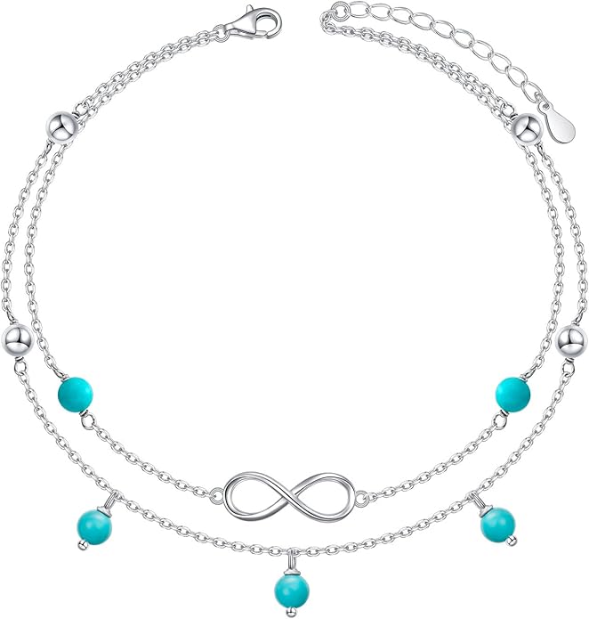 FLYOW Anklet for Women S925 Sterling Silver Adjustable Foot Beaded Heart Charm Ankle Bracelet Anklets Jewelry