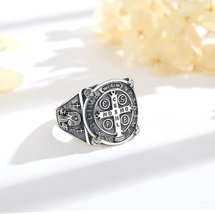 EUDORA S925 Sterling Silver St Benedict Ring San Benito Rings for Women Men, Vintage Ankh Cross Ring Saint Benedict Amulet Adjustable Rings Gifts for Women Mens Father Mother