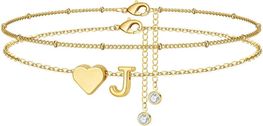 M MOOHAM Gold Initial Ankle Bracelets for Women - Layered Heart Letter A-Z Initial Dainty Gold Anklets for Women Waterproof, Womens Anklets Jewelry Birthday Gifts Jewelry
