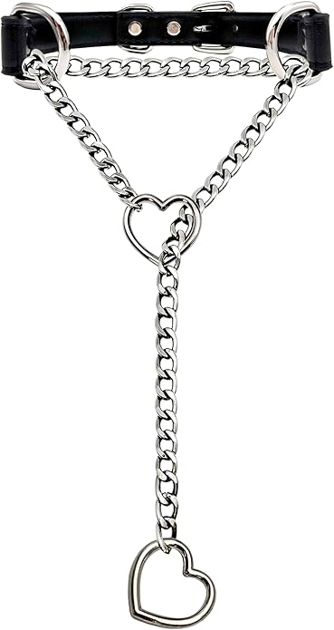 Black Leather Choker Collar For Women, Handmade Heart Slip Chain Choker Long Necklace with Adjustable Buckle