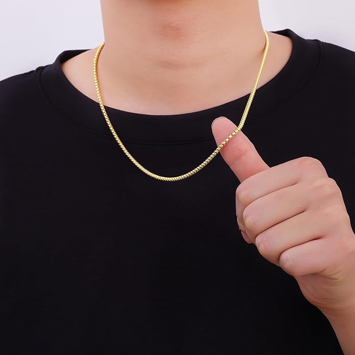 Fiusem Box Chain for Men, Silver Tone/14K Gold Plated/Black Stainless Steel Necklace for Men and Women, Width 2/2.5/3/4/5mm, Length 18-28 Inches