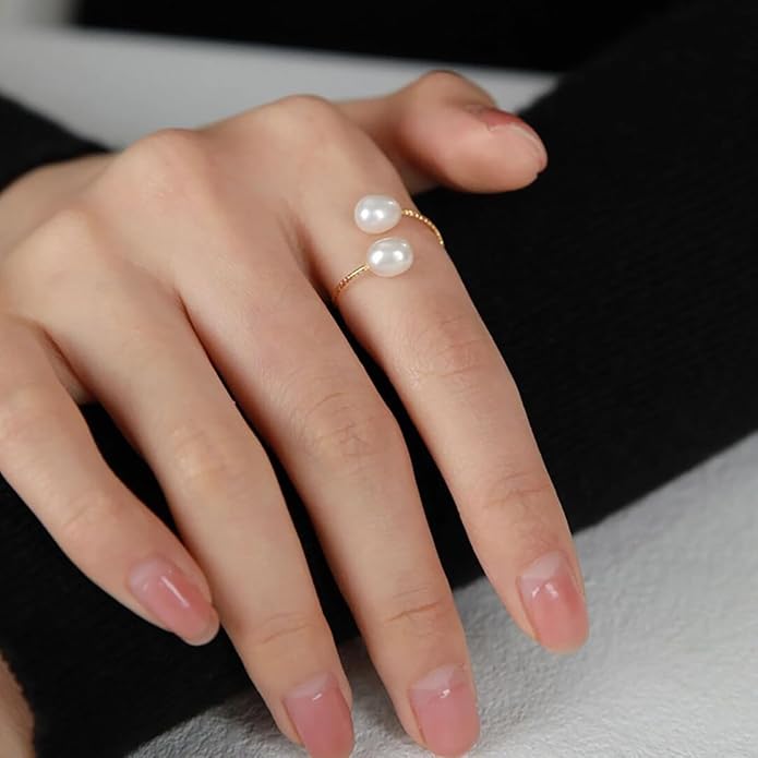 Vintage Boho Cultured Pearl Adjustable Beaded Wrap Ring,Trendy Elastic Freshwater Pearl Rings for Women,Fashion Heart Shell Stacking Rings for Men