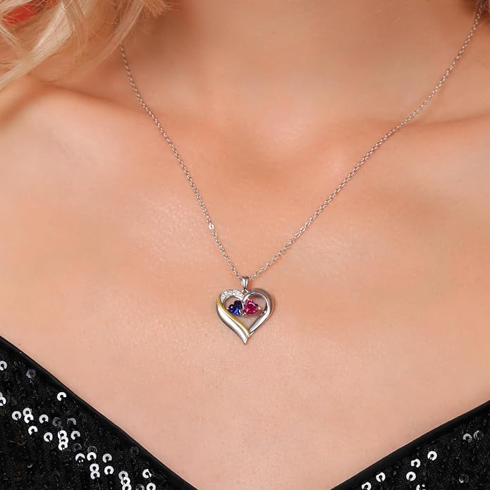 2-Heart Couple Name Engraved Pendant Necklace For Women | 925 Sterling Silver and 10K Yellow Gold | Customized and Personalized | Gemstone Birthstone and Lab Grown Diamond | 18 Inch Silver Chain
