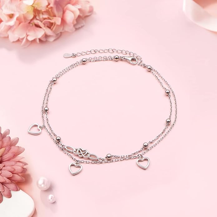 FLYOW Anklet for Women S925 Sterling Silver Adjustable Foot Beaded Heart Charm Ankle Bracelet Anklets Jewelry