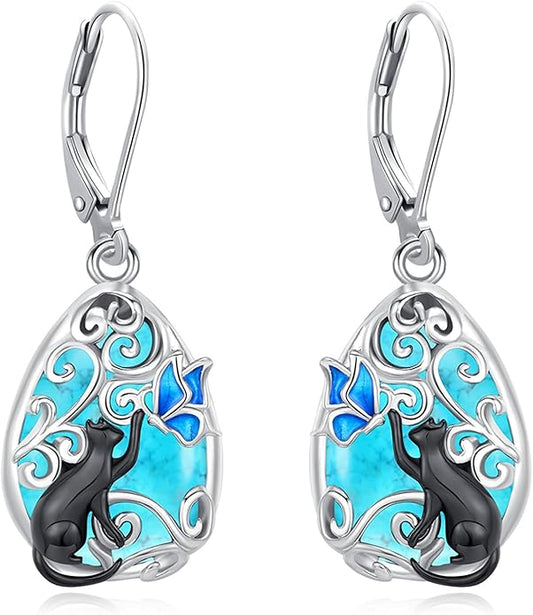 Eusense Sterling Silver Dangle Earrings for Women Tree of Life Animals Moonstone Turquoise Leverback Earrings Jewelry Gifts