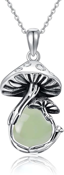 YAFEINI Mushroom Necklace Moonstone/Moss Agate/Malachite/Labradorite/Turquoise/Amber/Larimar/Black Onyx/Lapis Lazuli/Peridot/Opal Sterling Silver Mushroom Pendant Mother's Day Jewelry for Women Mom