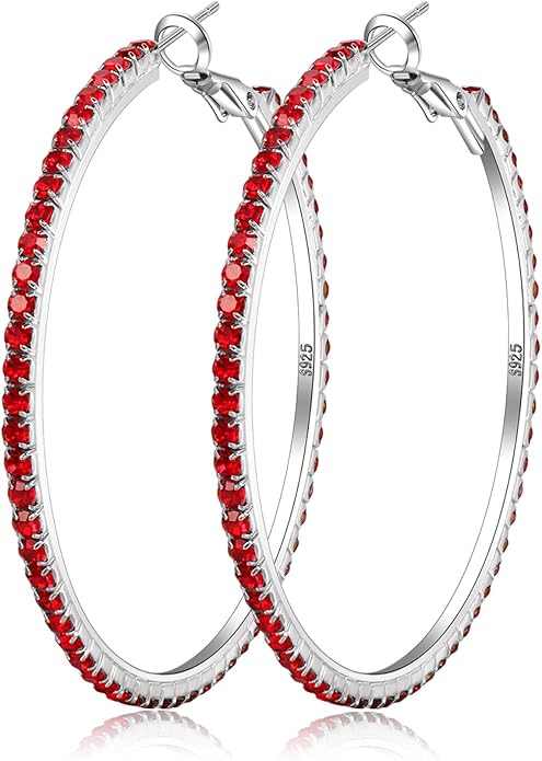 925 Sterling Silver Earrings Large Rhinestone Hoop Earrings Big Cubic Zirconia Hoop Earrings Thin Rhinestones Round Hoop Earrings for Women 20/30/40/50/60/70mm Sparkly Hoops With Crystals for Womens