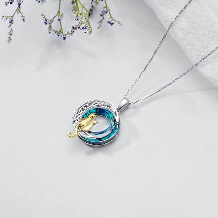 TOUPOP Christmas Cat Gifts for Cats Lovers One Two Three Four Cats Necklace Sterling Silver Cats on the Moon Pendant Necklace with Blue Circle Crystal Birthday Christmas Celtic Jewelry Gifts for Women