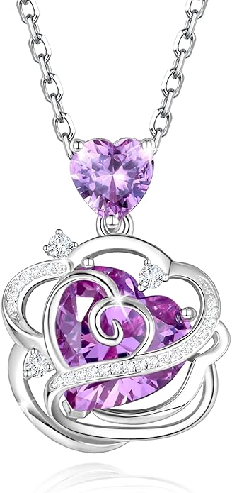 FANCIME Thornless Pulse Birthstone Necklace for Women Sterling Silver Rose Pendant Fine Jewelry Gemstone Birthday Valentines Day Gifts for Wife Her