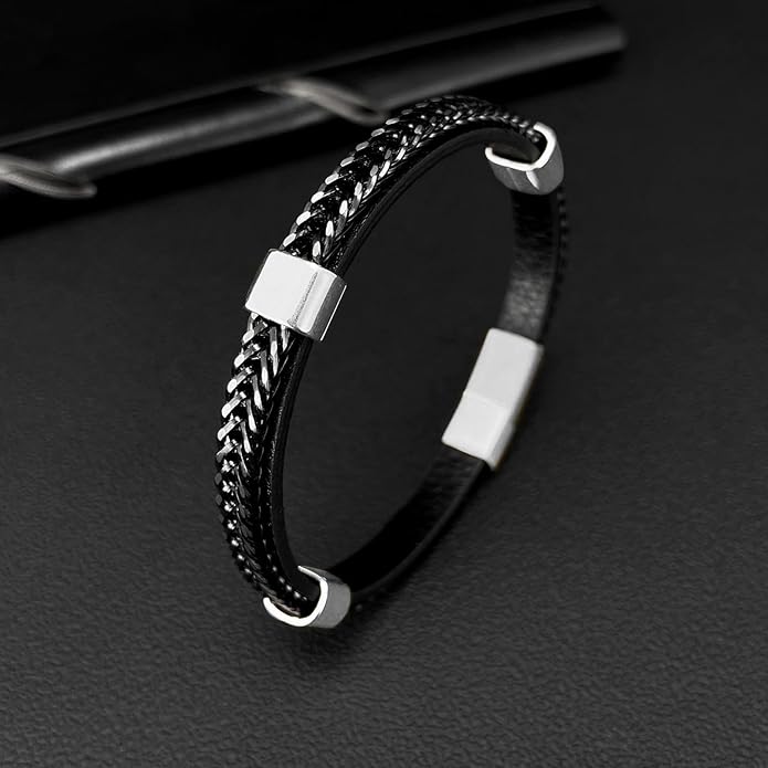 Italian Handmade Genuine Leather Bracelets for Men Stainless Steel Clip, Men's Casual Genuine Multi-layer Cuff Bracelet, Bracelet Gift for Real Men