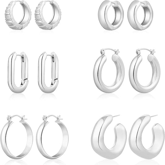 6 Pairs 14K Gold Plated Hoop Earrings for Women Trendy Chunky Lightweight Hoop Earrings Multipack Hypoallergenic, Thick Twisted Huggie Hoops Earring Set Jewelry for Gifts