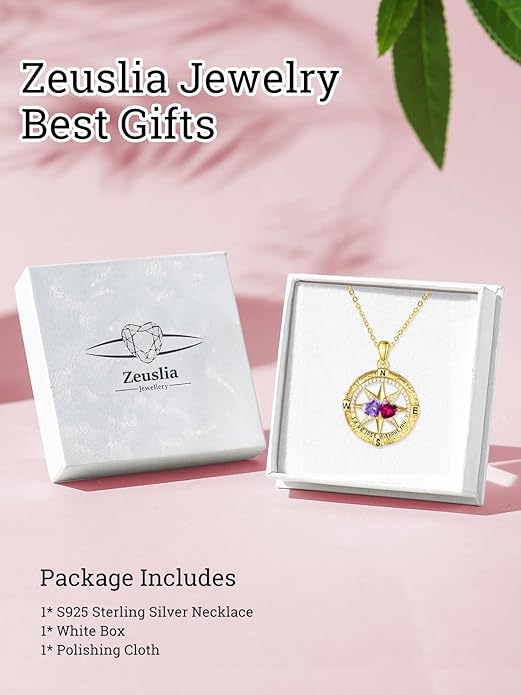 Zeuslia Double Birthstone Necklace Gifts for Wife - 925 Sterling Silver Sunflower/Rose/Crown Cross/Compass/Heart Pendant I Love You Necklace, Anniversary Birthday Gifts for Wife Girlfriend Mom Her