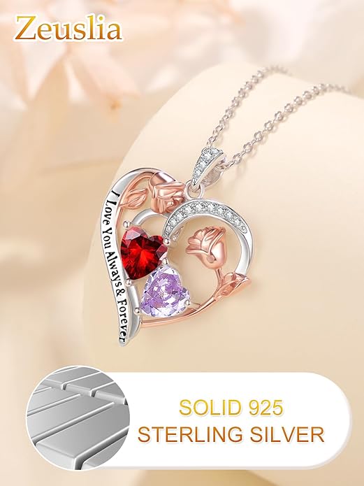 Zeuslia Double Birthstone Necklace Gifts for Wife - 925 Sterling Silver Sunflower/Rose/Crown Cross/Compass/Heart Pendant I Love You Necklace, Anniversary Birthday Gifts for Wife Girlfriend Mom Her