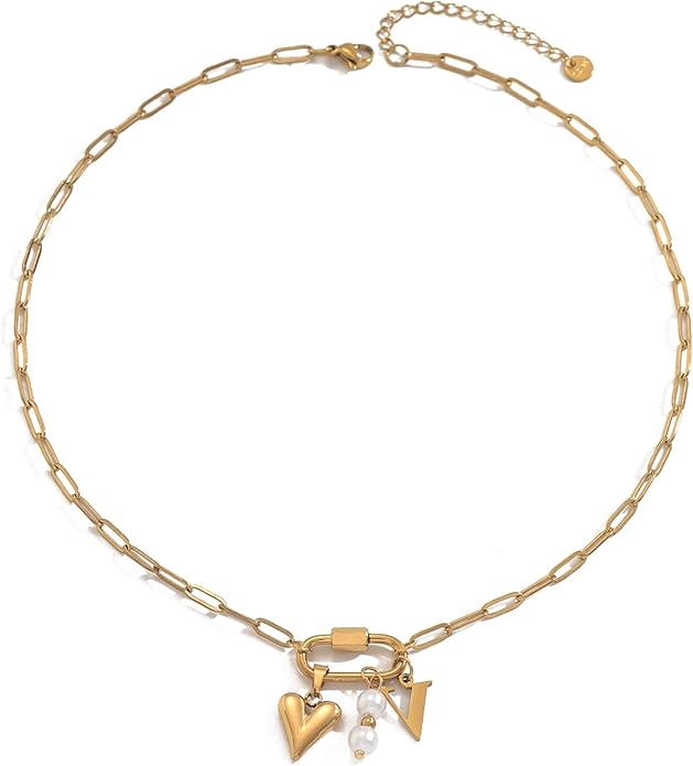 Gold Heart Initial Necklaces for Women 18K Gold Plated Dainty Pearl Letter Necklace Personalized Monogram Name A-Z Pendant Everyday Jewelry for Women