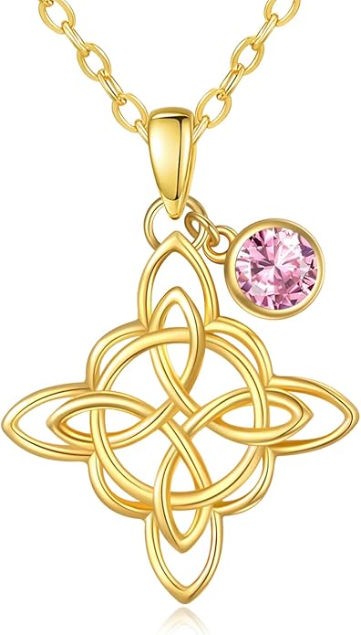 Witches Knot Necklace for Women, 14K Gold Celtic Knot Cross Jewelry with Triquetra Trinity with Birthstone Pendant, Birthday Witchy Spiritual Gifts for Her Wife Mom Grandma, 18+2 Inch Chain