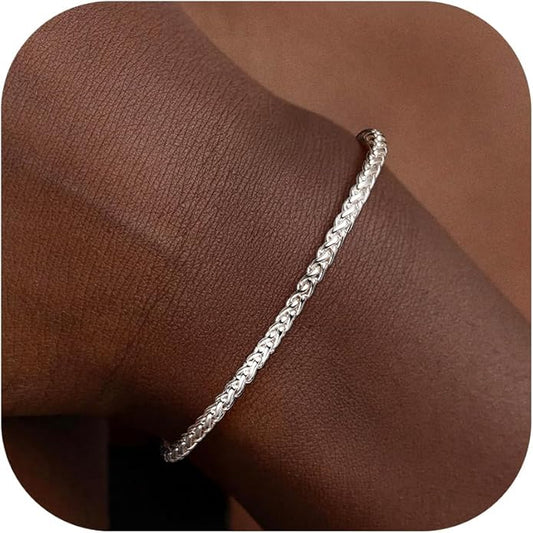 S925 Sterling Silver Bracelet for Women,3mm Wheat Sterling Silver Link Chain Bracelet for Women Jewelry Gift