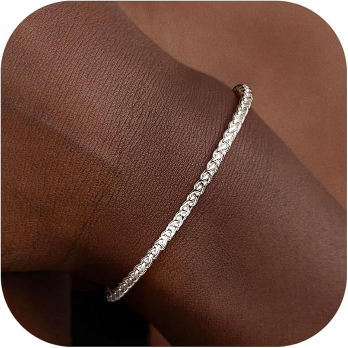 S925 Sterling Silver Bracelet for Women,3mm Wheat Sterling Silver Link Chain Bracelet for Women Jewelry Gift