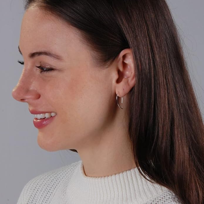Upside Down Hoop Earrings - Hypoallergenic Lightweight Wire Needle Drop Dangle Threader Hoops for Women, Safe for Sensitive Ears - Plated in 925 Sterling Silver or 18k Gold