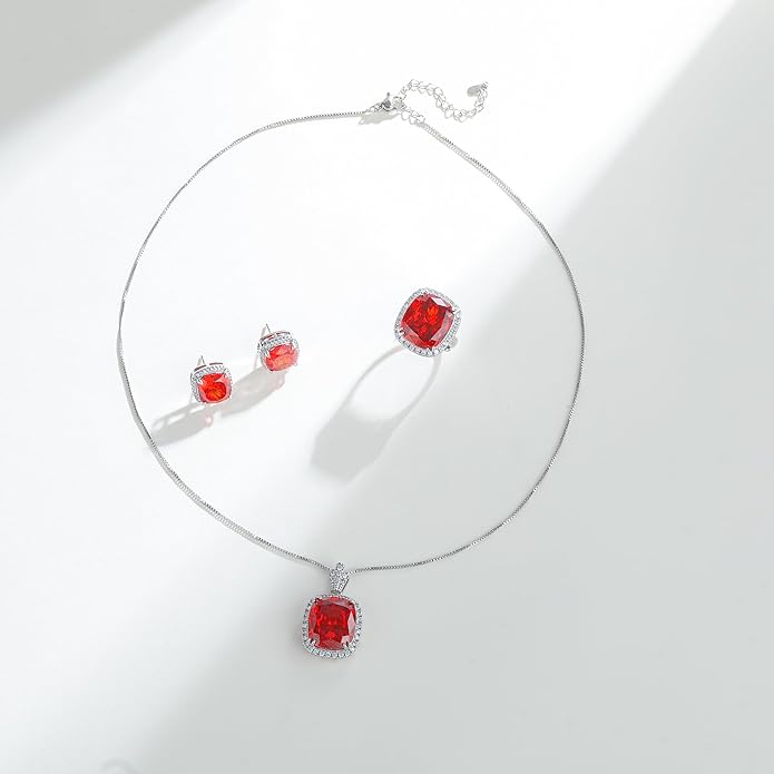 HHOOE Jewelry for Women Sets Gold-Plated Sterling Silver CZ or Faux Gemstone Cushion-cut Necklace & Ring & Stud Earring set for Bridesmaids, Comes With a Gift Box.