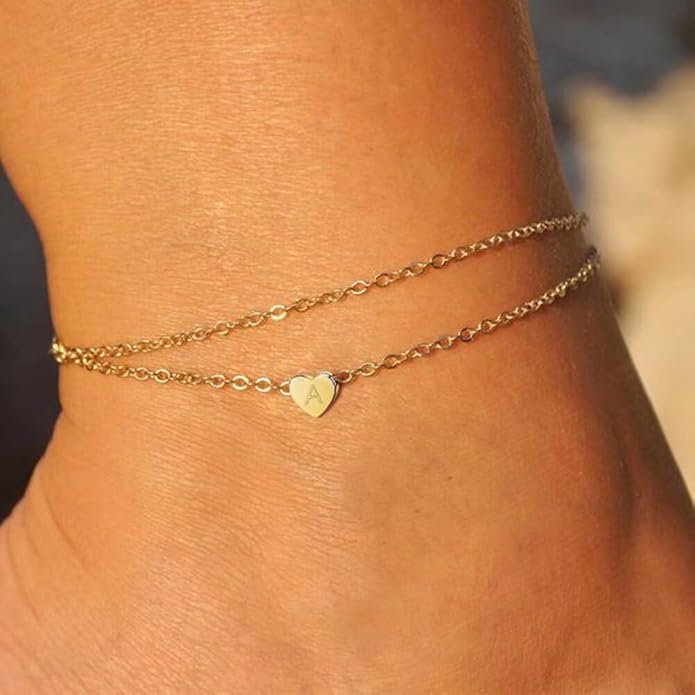 Turandoss Heart Initial Ankle Bracelets for Women, 14K Gold Filled Handmade Dainty Layered Anklet Letter Initial Heart Ankle Bracelets for Women Beach Jewelry Gifts