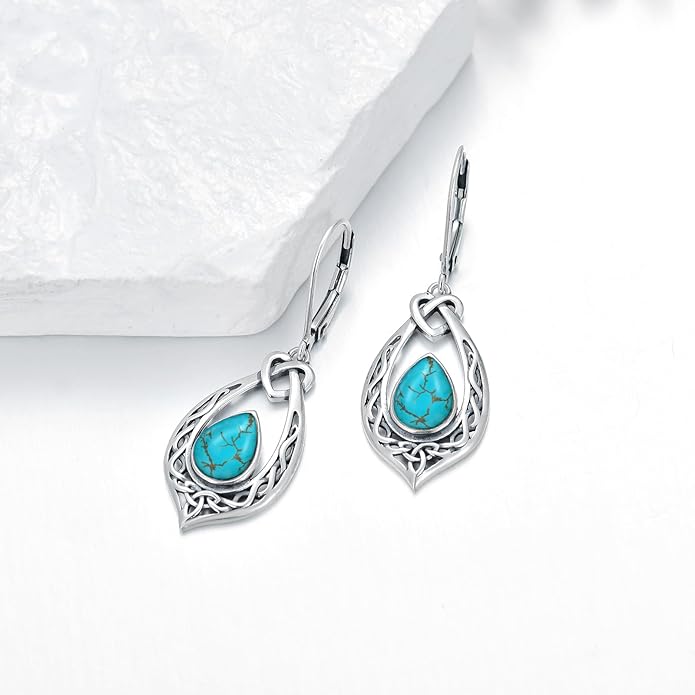Celtic Knot Dangle Earrings 925 Sterling Silver Oxidized Vintage Drop Leverback Earrings with 8 * 6mm Simulated Birthstone Crystal Christmas Jewelry Gifts for Women (Gift Box)
