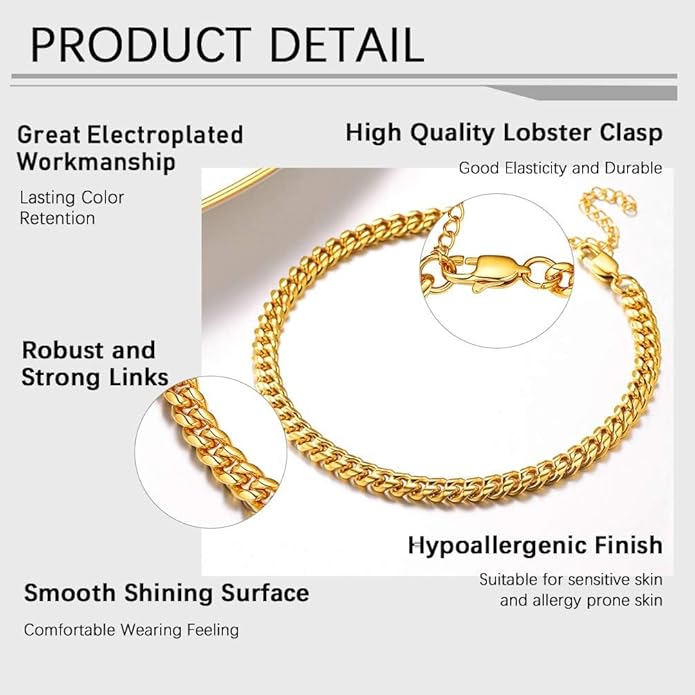 PROSTEEL Stainless Steel Chain Anklets for Women, Silver/Gold Tone, Ankle Bracelets Hypoallergenic, 8-10.5 Inch Adjustable, Come with Box