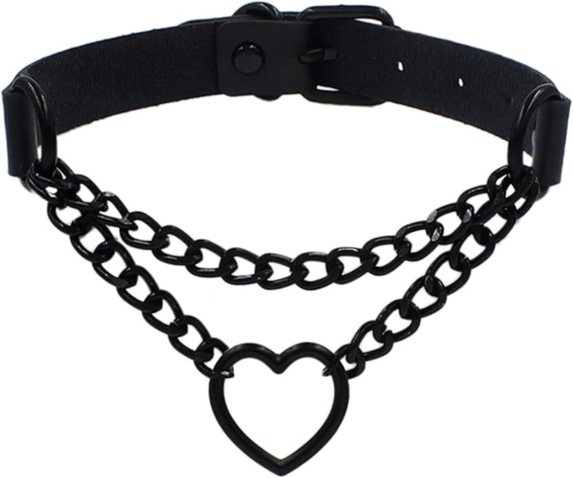 Love Heart Choker Collar Necklace, Adjustable Leather Punk PU Necklace Goth Choker Soft Collar Chain for Women