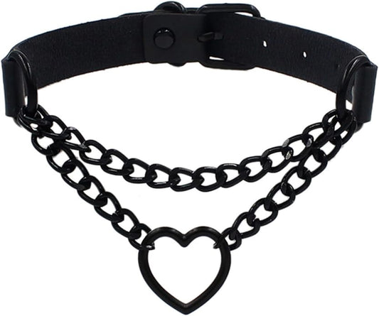 Love Heart Choker Collar Necklace, Adjustable Leather Punk PU Necklace Goth Choker Soft Collar Chain for Women
