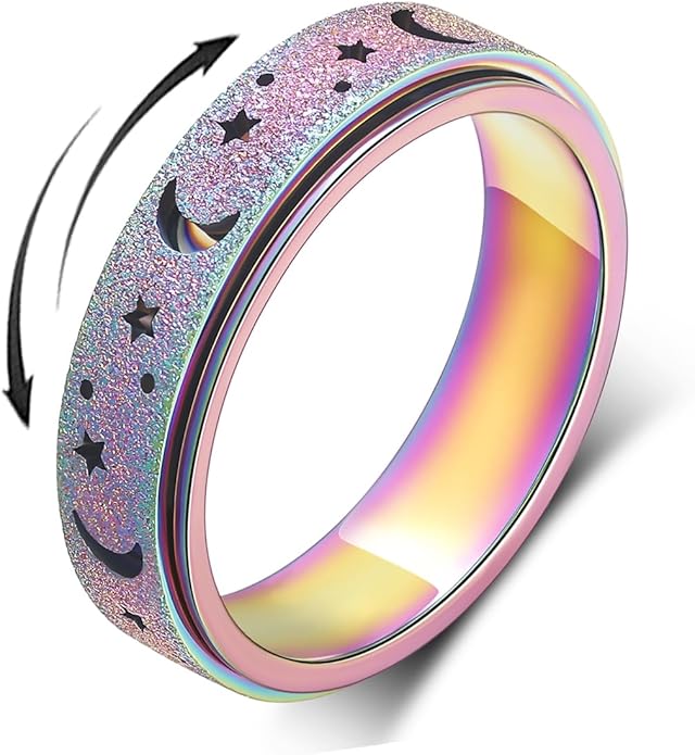 AmorArtSky Anxiety Ring for Women Men, Titanium Stainless Steel Spinner Ring, 5 Colors, 6MM, Size 6-10, 3 Styles Anxiety Ring-Moon Star, Sandblasted Finished, Hollow Outer