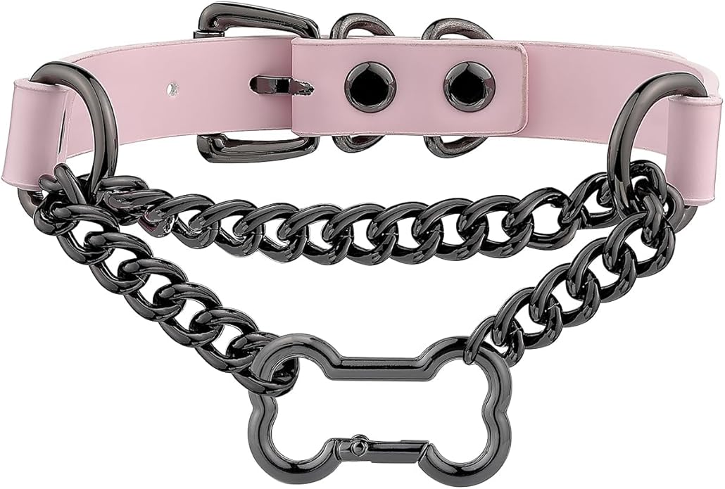 Black/Pink Leather Choker Collar For Women, Handmade Gothic Slip Chain Necklace with Bone Clasp