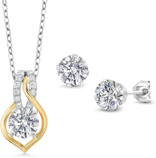 Gem Stone King 925 Silver and 10K Yellow Gold Lab Grown Diamond Pendant Earrings Jewelry Set For Women | 2.33 Cttw | Gemstone April Birthstone | Round 6MM | with 18 Inch Chain