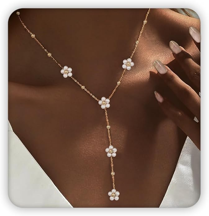 SmileBelle Pearl Necklaces for Women, Daisy Pearl Choker as Y Shaped Pearls Jewelry Gold Heart Necklace for Anniversary Birthday Gifts White Baroque Necklace as Wedding Jewelry