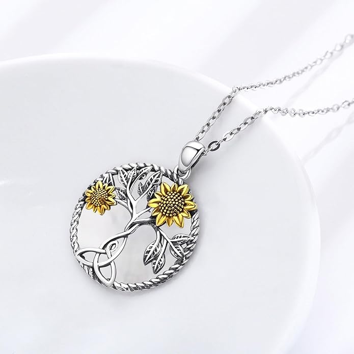 CHENGHONG Sunflower Necklace 925 Sterling Silver Tree of Life Necklace Daisy/Rose/Sunflower Pendant Necklace Sunflower Jewelry Gifts for Women Mom
