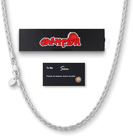 KRKC&CO Rope Chain Necklace for Men, Packaging with Gift Box & Card on Birthday from Mom Dad, 18K / White Gold Plated Chains, Hypoallergenic 316L Stainless Steel, Durable Men Jewelry, 3mm 16-26in