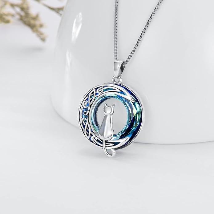 TOUPOP Christmas Cat Gifts for Cats Lovers One Two Three Four Cats Necklace Sterling Silver Cats on the Moon Pendant Necklace with Blue Circle Crystal Birthday Christmas Celtic Jewelry Gifts for Women