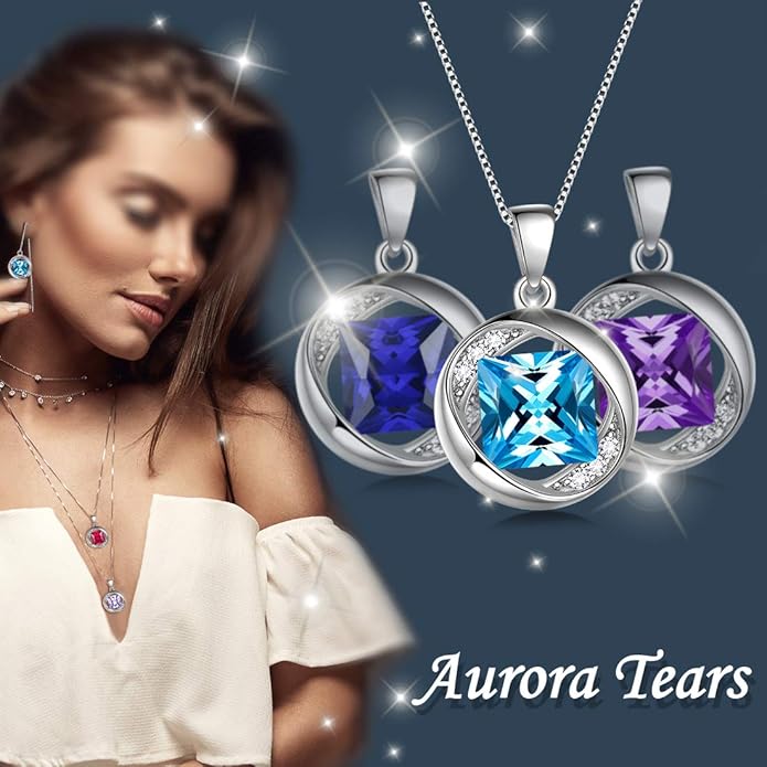 Aurora Tears 925 Sterling Silver 12 Birthstones Necklace/Earring/Ring/Bracelet Women Birthstone Pendant Crystal Fashion Birthday Jewelry Christmas Gift for Girls Women