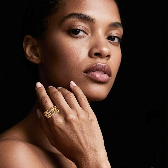 14K Gold Plated Interlocked Stackable Rings for Women Non Tarnish,Gold and Silver Cubic Zirconia Statement Rings Set,Mixed Metals Ring Two-Toned Connected Bands Stacking Jewelry