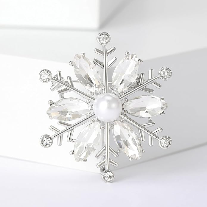Crystal Snowflake Brooch for Women - Rhinestone Winter Pin with Pearl - Elegant Christmas Accessory for Clothing, Hat, Bag, Skirt - Birthday Party Costume Jewelry